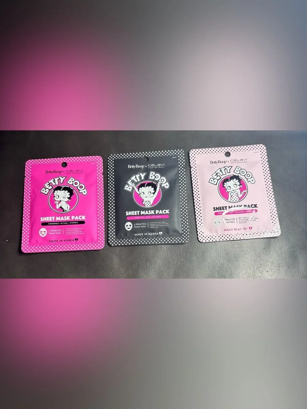 3 New Betty Boop x Célavi Sheet Mask Pack Chamomile Green Tea Hyaluronic Acid